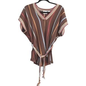 Tami Sportswear Vintage Striped Poncho Top Brown Knit‎ Acrylic  M Belt Retro 70s